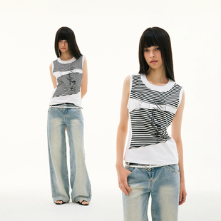 背心 条纹捏褶贴布拼接印花无袖 FUNKYFUN 2025SS