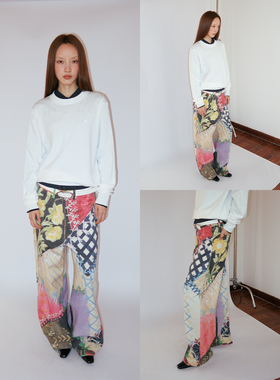 FUNKYFUN 做旧拼贴百家布定位印花直筒宽松斜纹休闲裤