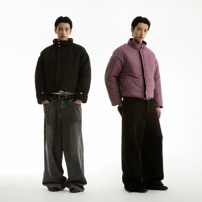 FUNKYFUN 2024AW 麂皮黑/红格纹两面穿面包棉服外套