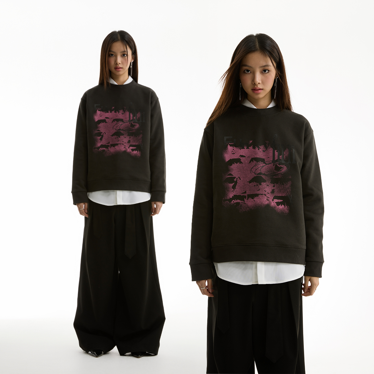 FUNKYFUN 2024AW 斑驳做旧印花宽松加绒圆领套头卫衣