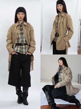 FUNKYFUN 2025AW 黑色流苏领绳中长款卡其翻领夹克风衣外套