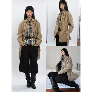 卡其翻领夹克风衣外套 黑色流苏领绳中长款 FUNKYFUN 2025AW
