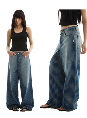 FUNKYFUN 2025SS 刺绣格子裥线宽松洗水渐变蓝直筒牛仔裤