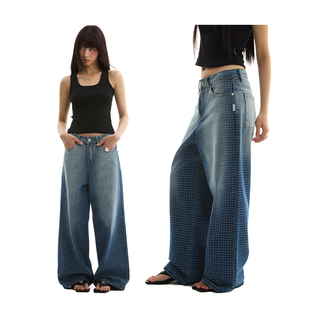 刺绣格子裥线宽松洗水渐变蓝直筒牛仔裤 FUNKYFUN 2025SS