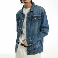 FUNKYFUN 2024AW 蓝色洗水马骝做旧翻领宽松牛仔夹克外套