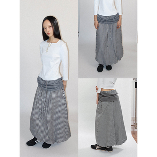 FUNKYFUN 花灰拼接褶皱垂荡裙摆黑白格纹收摆中裙花苞裙 2025AW