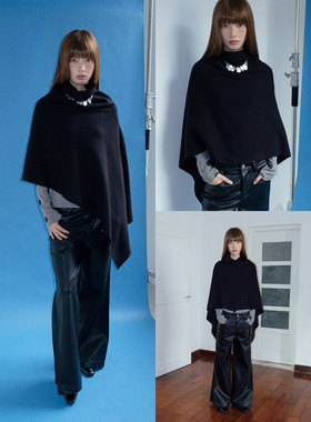 FUNKYFUN 下摆不规则剪裁 正反两穿 堆堆领针织披肩外套