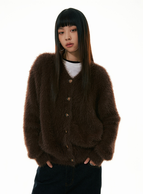 FUNKYFUN 2023AW 仿貂毛V领潮男女复古时髦开衫软糯针织毛衣外套