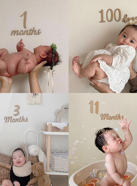 ins森系宝宝成长记录木质数字贴牌month生日新生儿拍照道具12个月