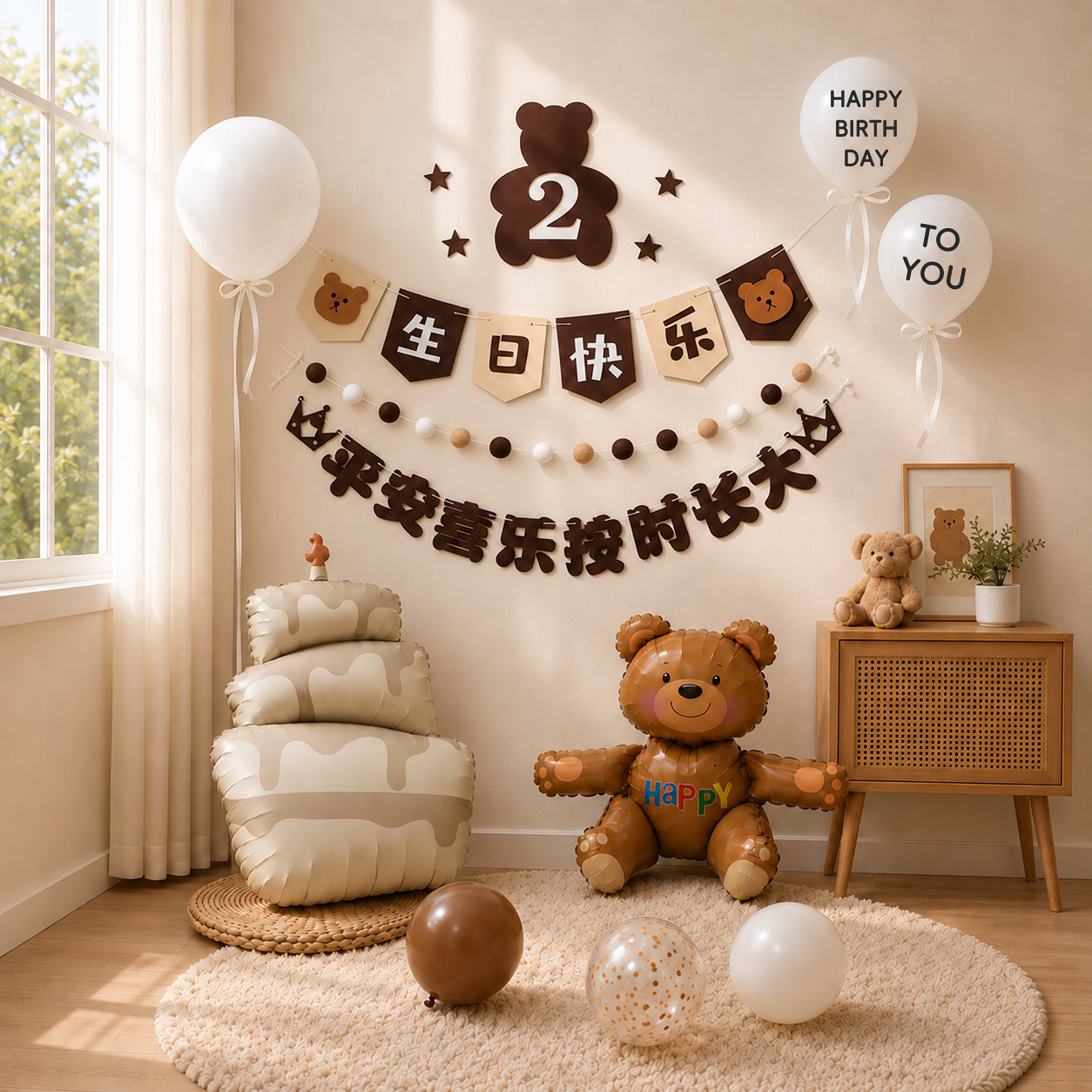小熊拉旗背景墙装男女孩生日饰儿童周岁派对场景布置用品小熊气球