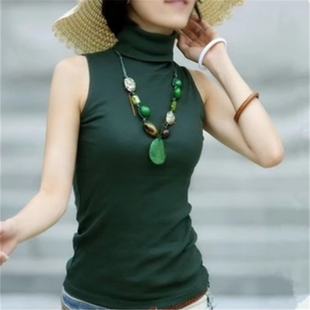 欧美春秋款无袖纯棉修身女上衣高领长打底衫堆领护脖颈纯色衬背心