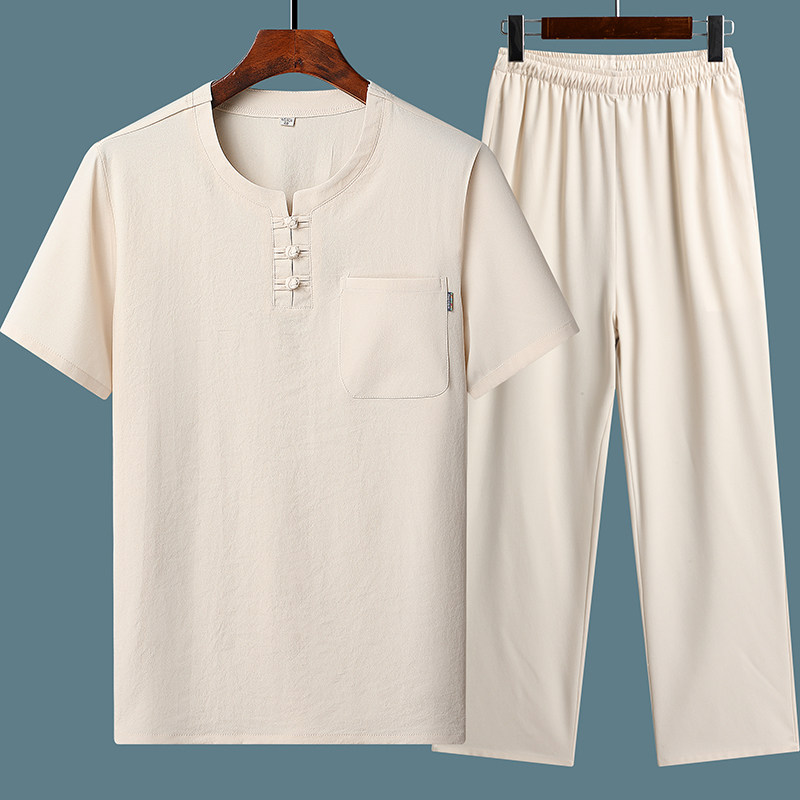 TANG COSTUME DAD SUMMER DRESS SHORT SLEEVE SUIT MIDDLE-AGED AND ELDERLY MAN 60-YEAR-OLD GRANDFATHER SUMMER ELDERLY CLOTHES LOOSE TWO-PIECE SUIT