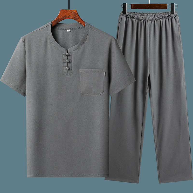 TANG COSTUME DAD SUMMER DRESS SHORT SLEEVE SUIT MIDDLE-AGED AND ELDERLY MAN 60-YEAR-OLD GRANDFATHER SUMMER ELDERLY CLOTHES LOOSE TWO-PIECE SUIT