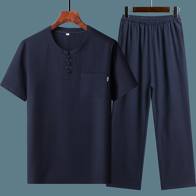 TANG COSTUME DAD SUMMER DRESS SHORT SLEEVE SUIT MIDDLE-AGED AND ELDERLY MAN 60-YEAR-OLD GRANDFATHER SUMMER ELDERLY CLOTHES LOOSE TWO-PIECE SUIT