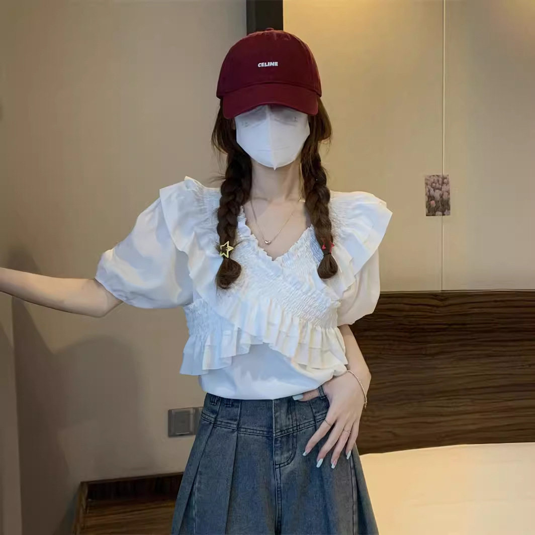 2026新款甜美荷叶边交叉短袖V领