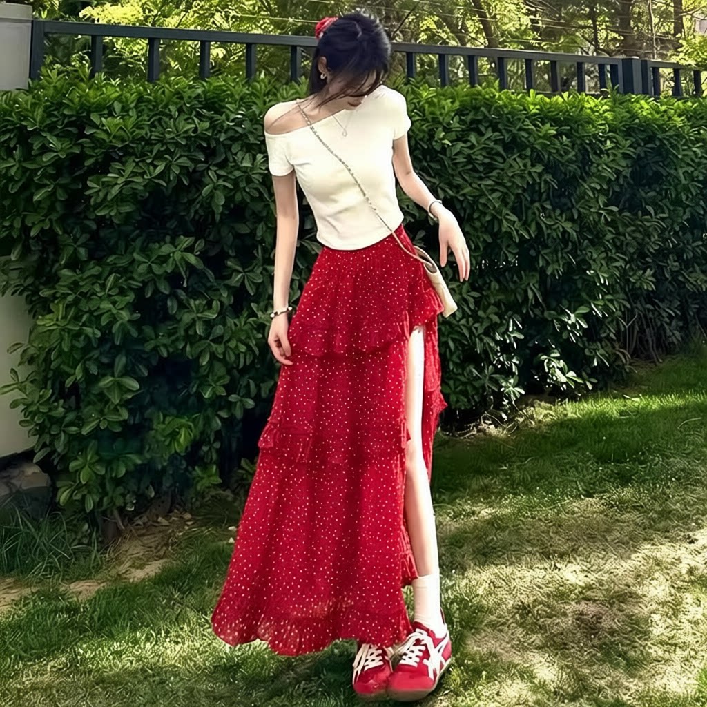 2026新款红色不规则波点半身裙女