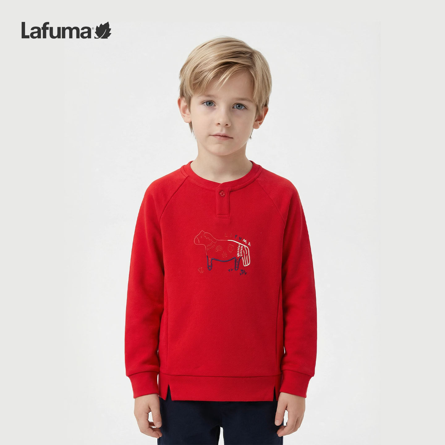 LAFUMA乐飞叶红色圆领套头卫衣男女童装儿童休闲百搭长袖上衣,户外/登山/野营/旅行用品,户外休闲衣,淘宝优惠券,粉丝福利购,淘宝优惠卷