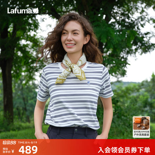 乐飞叶户外条纹V领短袖T恤女