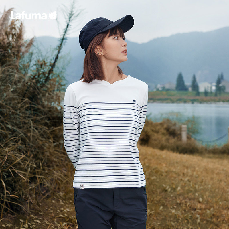 法国LAFUMA乐飞叶户外秋冬新品柔软舒适圆V领长袖T恤女条纹上衣,户外/登山/野营/旅行用品,速干T恤,淘宝优惠券,粉丝福利购,淘宝优惠卷