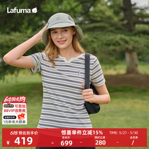 乐飞叶户外条纹V领短袖T恤女
