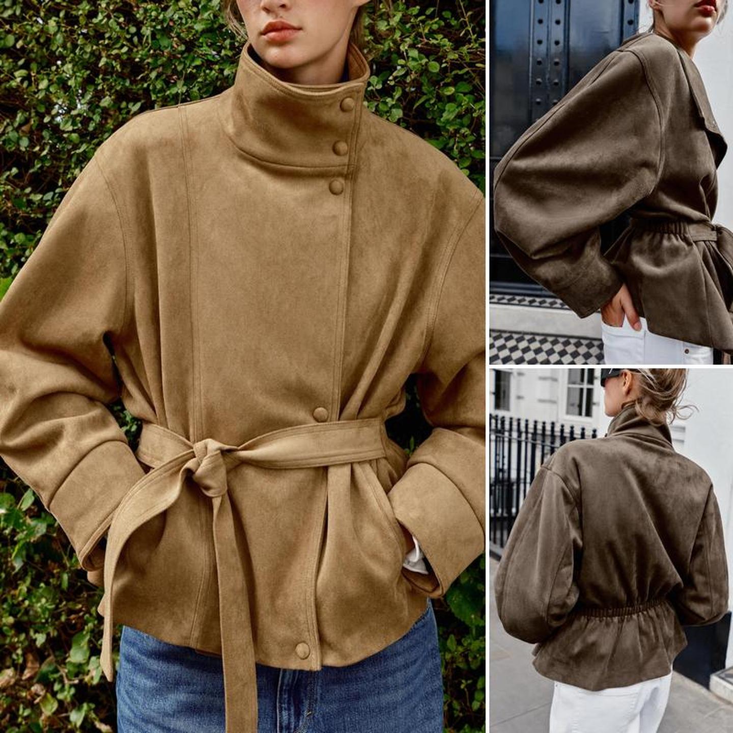 Qinchuan 26 Autumn European and American Style Casual Belt with Suede Texture Stand Collar Long Sleeve Jacket 4344650