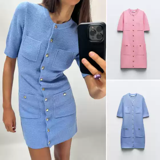 Qinchuan 24 Summer New Short-Sleeve Knitted Mini Dress with Gold Button Decoration 3471011 3471018