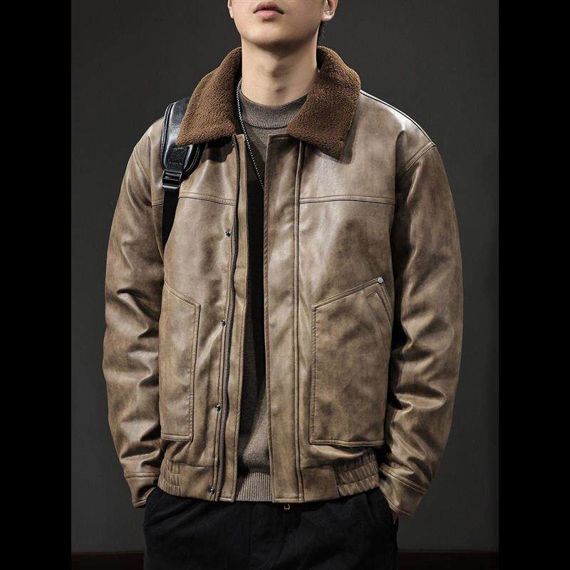 秋冬新款复古翻领PU皮羽绒服男鸭绒保暖外套美式痞帅机车服夹克潮