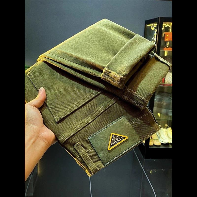 潮牌复古军绿色牛仔裤男秋