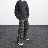 男女街头宽松开衩直筒阔腿裤 牛仔裤 高街复古排扣迷彩工装 JDKZ美式