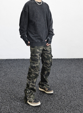 JDKZ美式高街复古排扣迷彩工装牛仔裤男女街头宽松开衩直筒阔腿裤