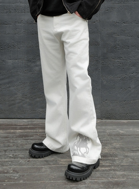 JDKZ美式复古刺绣微喇牛仔裤男女街头痞帅A字显瘦修身垂感休闲裤