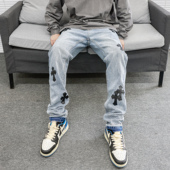 JDKZ欧美高街复古十字架贴皮牛仔裤 男街头水洗做旧vibe毛边直筒裤