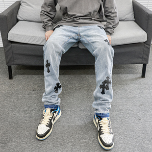 JDKZ欧美高街复古十字架贴皮牛仔裤 男街头水洗做旧vibe毛边直筒裤