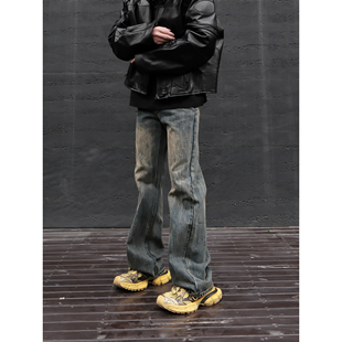 子潮 男高街水洗阔腿显瘦长裤 JDKZ美式 复古做旧黄泥染微喇叭牛仔裤