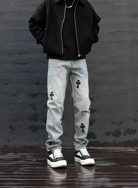JDKZ美式复古水洗做旧十字架印花牛仔裤男街头修身显瘦直筒长裤潮