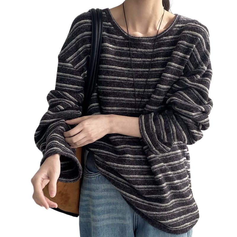 那末 显瘦内搭！韩系慵懒风宽松大版条纹T恤女百搭长袖上衣