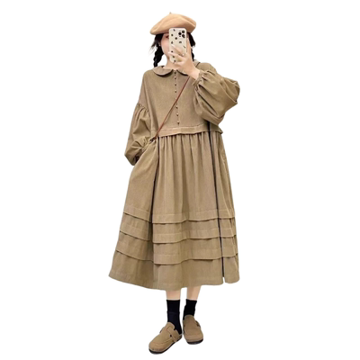 日系森系翻领灯芯绒连衣裙冬季新款宽松百搭减龄半开扣中长款裙子