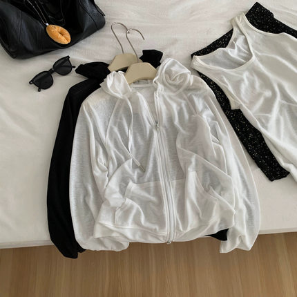 韩版纯色莱赛尔天丝防晒连帽衫女夏季松弛感插肩袖双拉链空调开衫