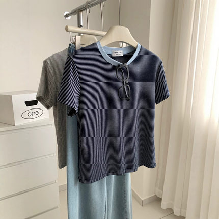 文艺复古撞色细条纹纯棉短袖女夏季韩系减龄上衣显瘦百搭正肩T恤