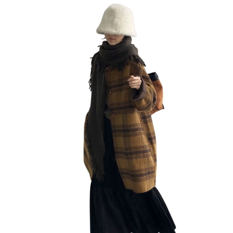 那末搭流苏围巾美绝了~苏力羊驼毛大衣女格纹双面呢羊毛外套