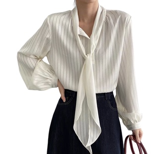 那末气质姐姐~通勤简约飘带条纹衬衫女光泽感亲肤垂感衬衣春
