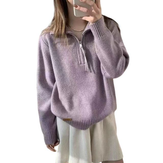 日系半开拉链高领毛衣女冬季新款宽松休闲简约百搭打底针织上衣女