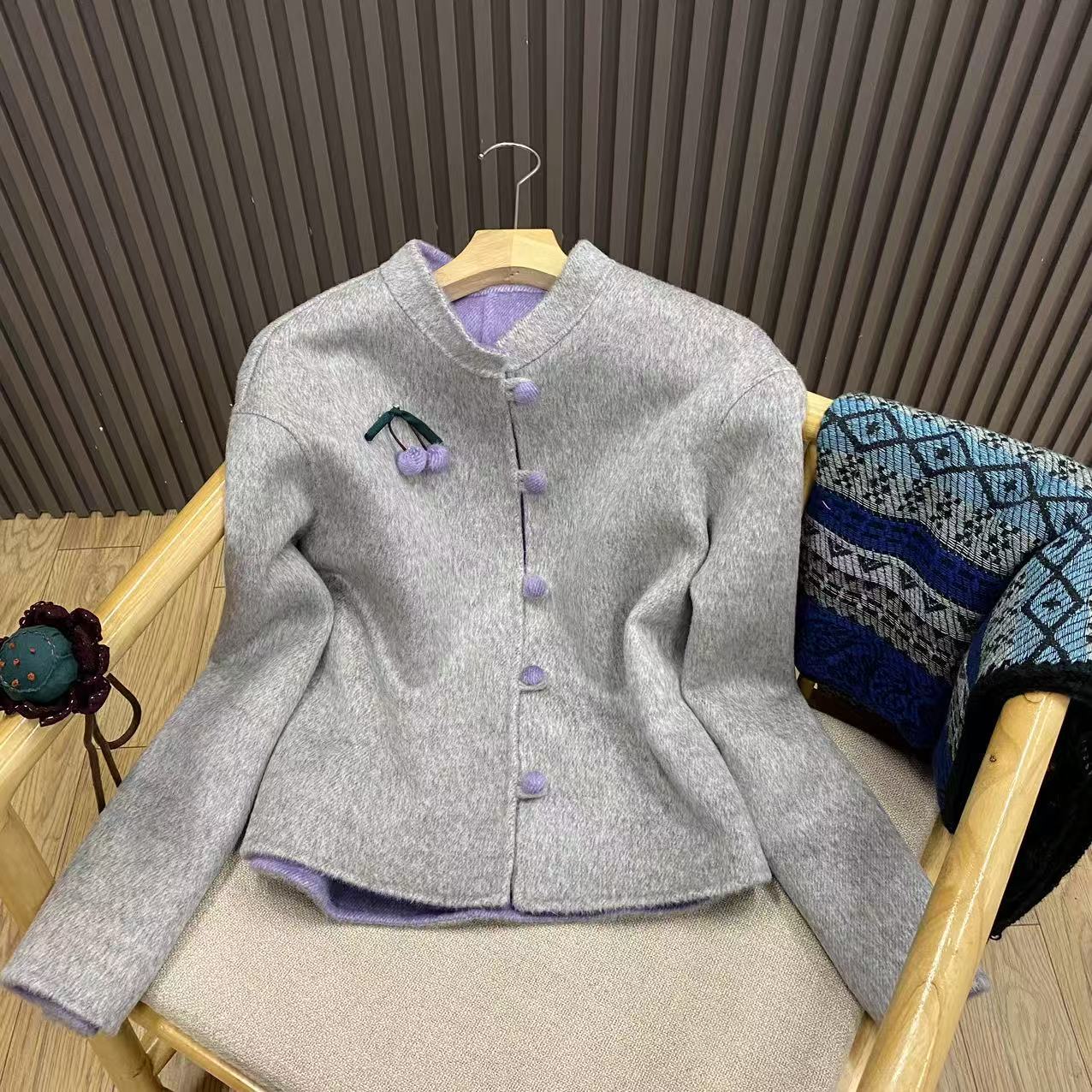 秋冬双面短款羊毛大衣新中式国风立领撞色樱桃毛呢外套女