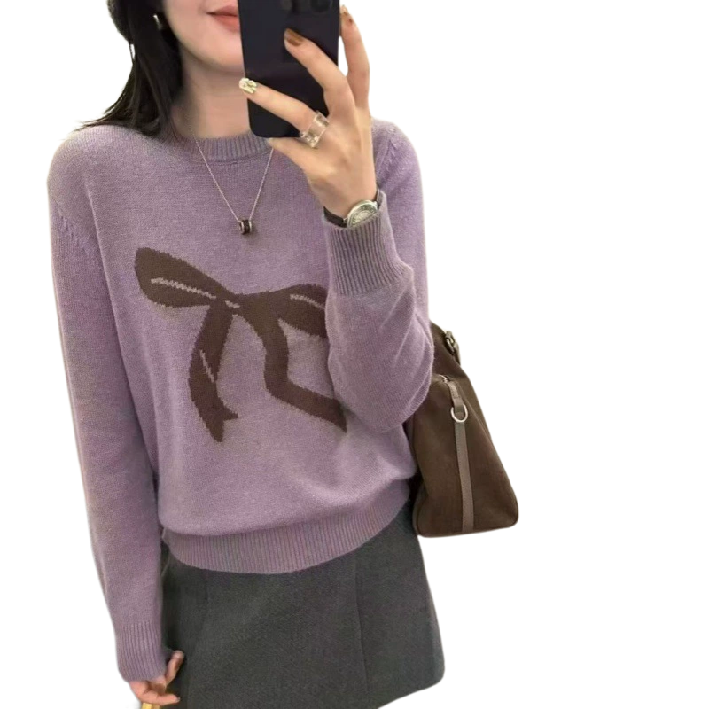 日系蝴蝶结提花毛衣女冬季新款宽松百搭甜美减龄小清新套头针织衫