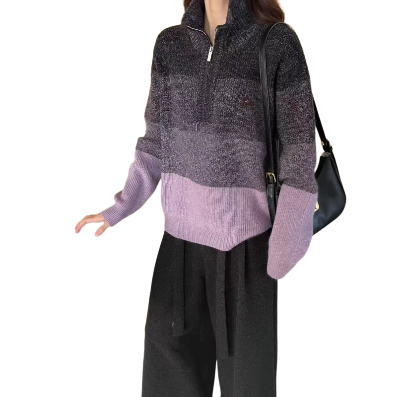 日系拼色半开拉链高领毛衣女冬季新款宽松百搭减龄打底针织上衣女