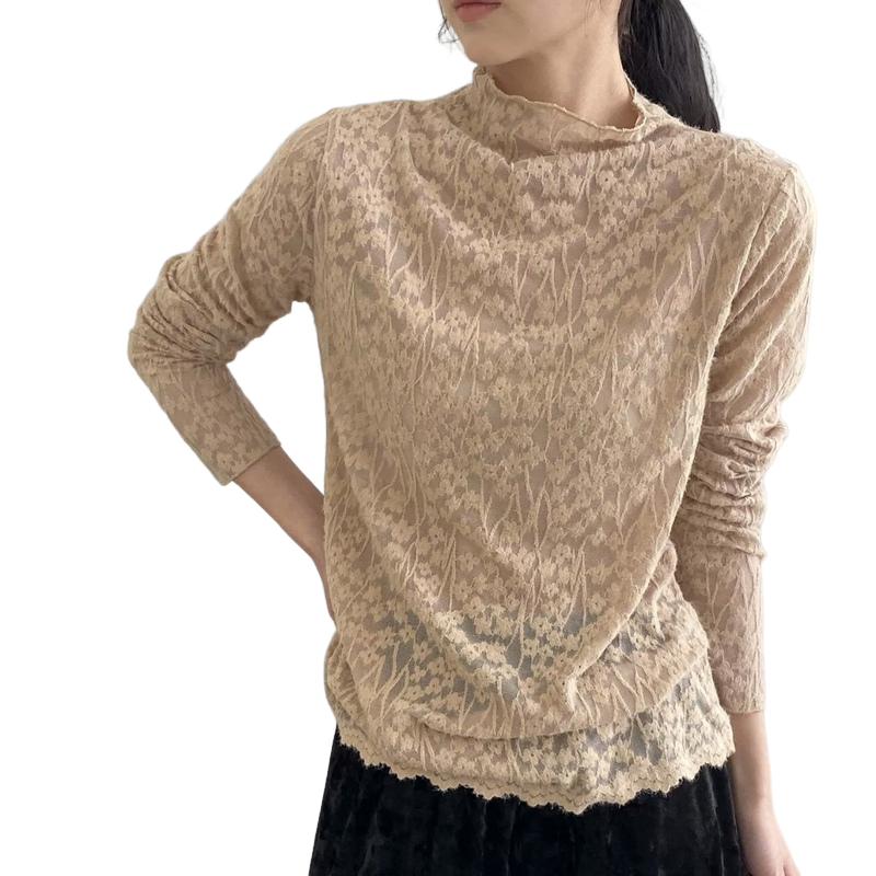甜美女人味韩系通勤气质亲肤蕾丝打底衫女半高领肌理感内搭上衣