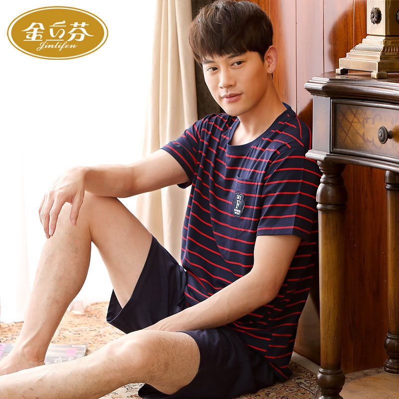 睡衣男士夏季纯棉短袖大码全棉条纹居家服男士薄款家居服套装运动
