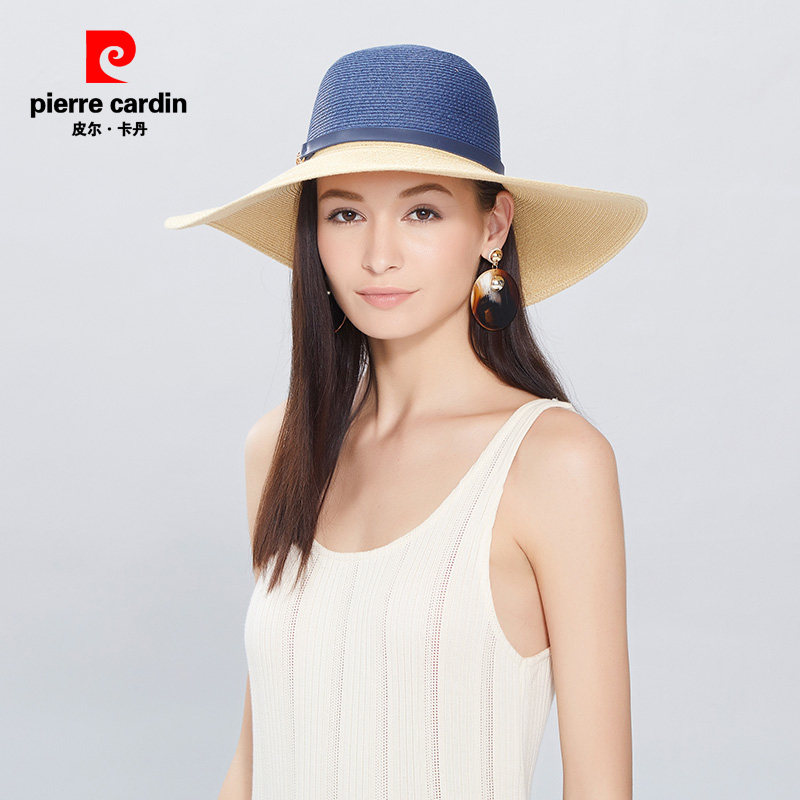 皮尔卡丹女士大檐帽夏季编织帽透气韩版沙滩帽凉帽防晒遮太阳帽子