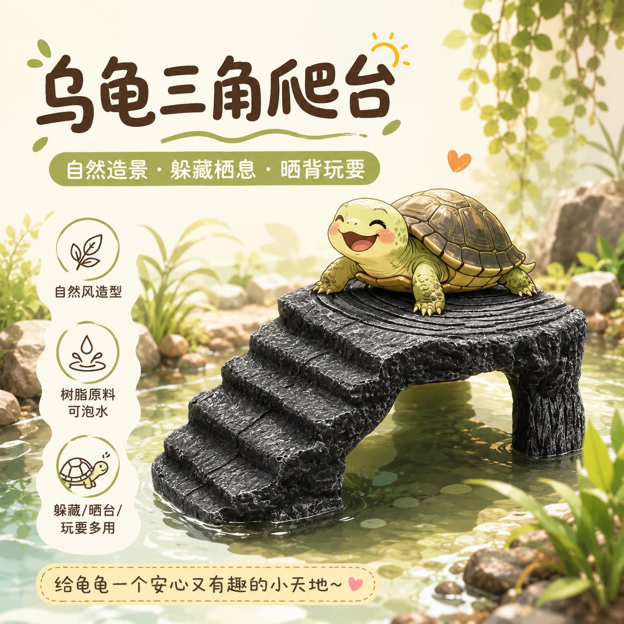 动物宠物用品乌龟晒台爬台造景龟台陆台龟岛爬虫躲藏穴三脚龟台