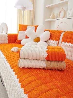 橙色毛绒沙发垫子冬季加厚防滑布艺轻奢坐垫简约现代沙发套罩盖布